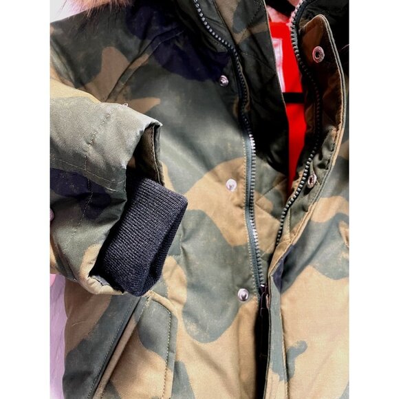 J. Crew Crewcuts Size 2 Kids Army Green Camouflage Down Winter Jacket Fur Hood - Picture 6 of 8